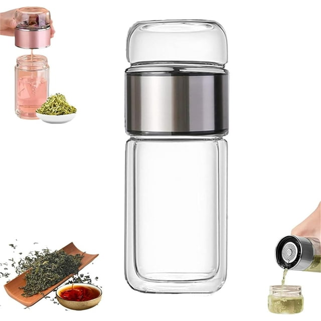 Tryteava Glass Infuser, Tryteava Tea Infuser, 3-in-1 Smart Tea Infuser, Portable Teapot with Strainer, Double Layered Glass Tea Separation Tea Cup, For Blooming & Loose Leaf Tea (Silver, 420ml)