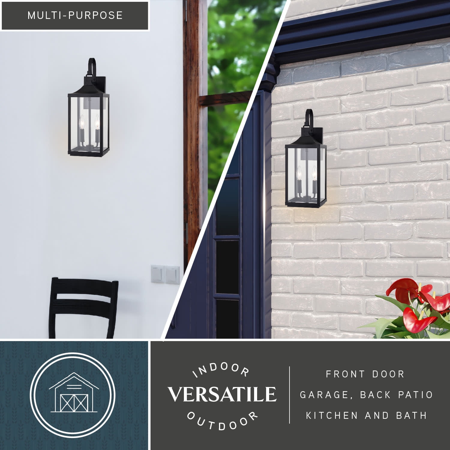 Old Town 2 Light Textured Black Transitional Outdoor Wall Lantern Clear Glass