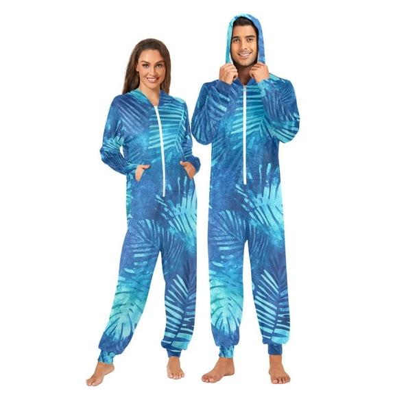 Blue Fern Print Adult onesie Pajamas, Crystal Velvet Ultra Soft Warm Jumpsuit for Men and Women