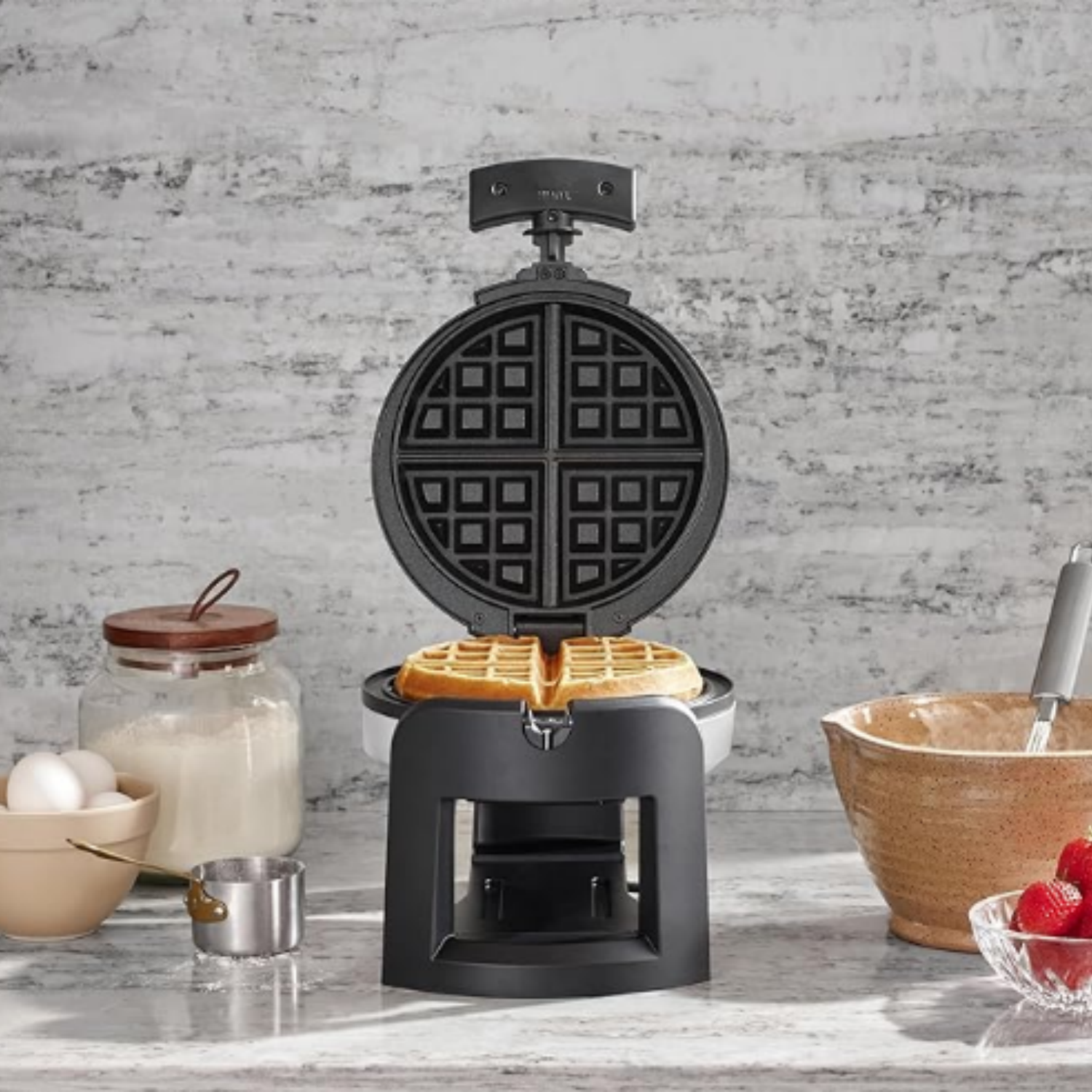 Round Flip Belgian Waffle Maker, Black/Silver, 1 inch thick