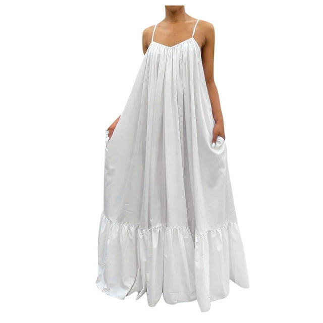 KIHOUT Robe Femme Mode Décontractée Robe à Bretelles Poche Ample Dos Nu Grande Robe