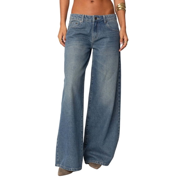 Women's Low-Rise Ultra Wide Leg Jeans, Vintage Wash Denim Pants