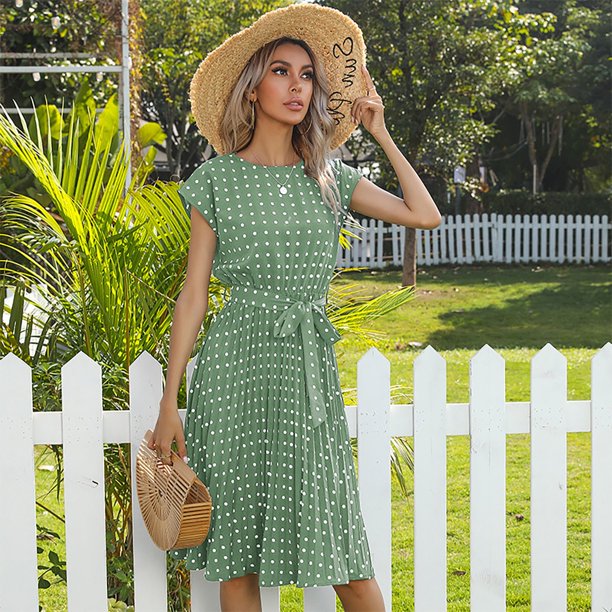 WILLBEST Vestidos de Verano 2025 Vestido Casual para Mujer con Cinturón Vestido Largo Fluido Estampado de Lunares Ropa de Diario Traje de Vacaciones Primavera Verano Otoño Moda Mediana