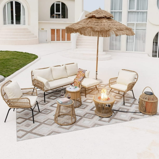 NICESOUL 8 Pcs Boho Outdoor Furniture Set with Fire Pit Table Wicker