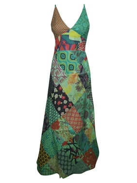 Mogul Green Patchwork Dress Deep V-Neck Floral Print Cotton Summer Fashion Gypsy Long Dress SM