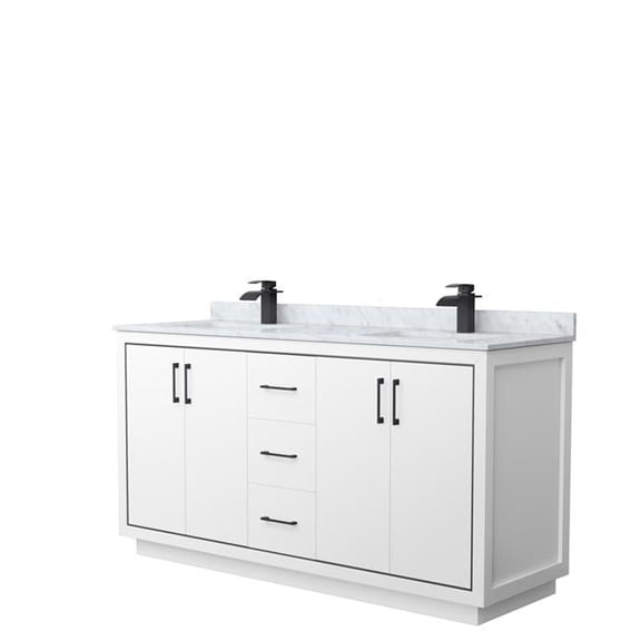 66 in. Icon Double Bathroom Vanity, White, White Carrara Marble Countertop, Undermount Square Sinks & Matte Black Trim