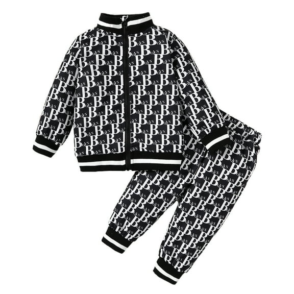 Kucnuzki 6 Months Newborn Baby Boy Winter Outfits Pants Sets 9 Months Long Sleeve Classic Monogram Design Zipper Coat Elastic Pants 2PCS Set Black