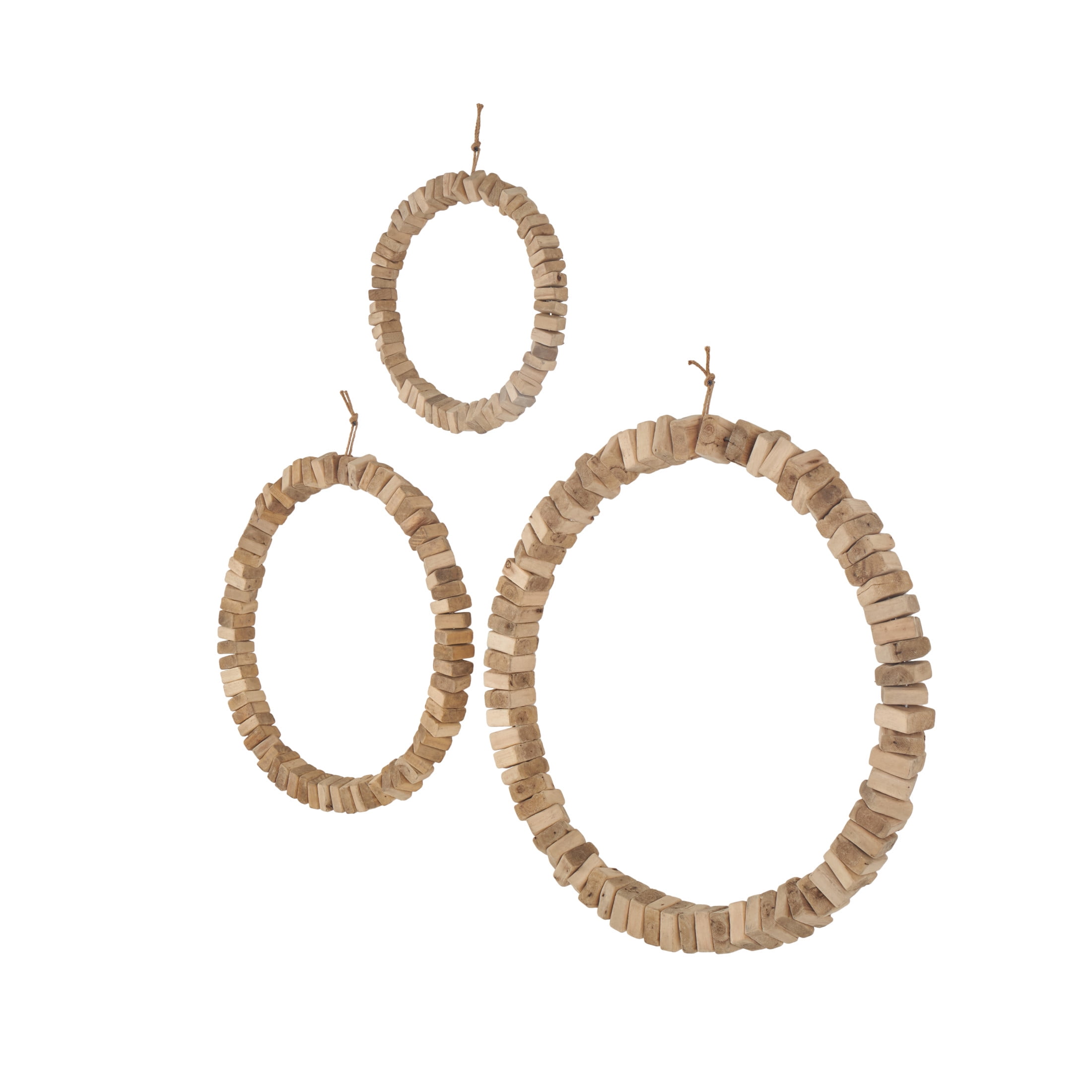 DecMode Brown Wood Beaded Abstract Wall Decor with Hanging Rope (3 Count)