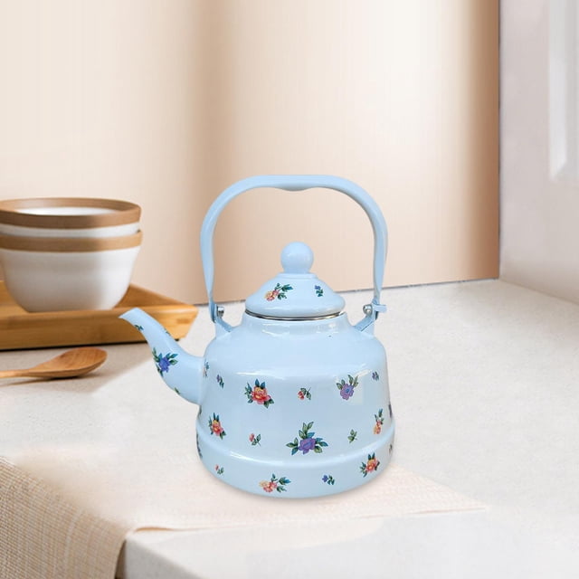 Hervidor de té de esmalte floral con mango, caldera de agua cocinera en casa 2.5l hervidor de agua tetera decorativa para agua caliente estufa de agua