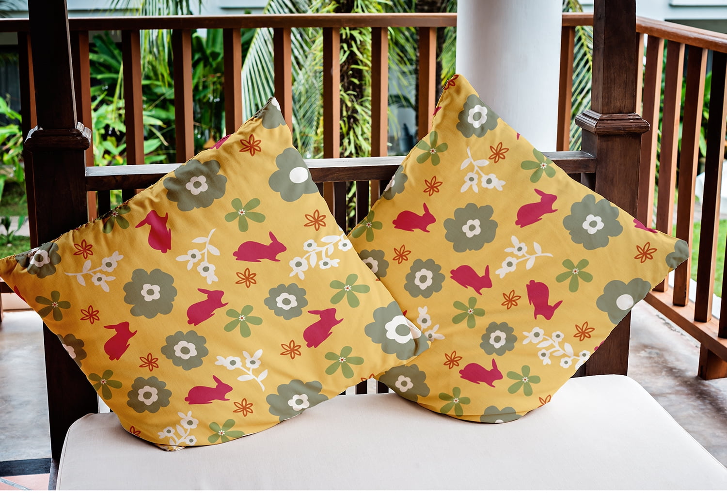 20" x 20" Simply Daisy Flowery Love Bunnies Easter Indoor/Outdoor Pillow, Daffodil Yellow-Pink Qty 1