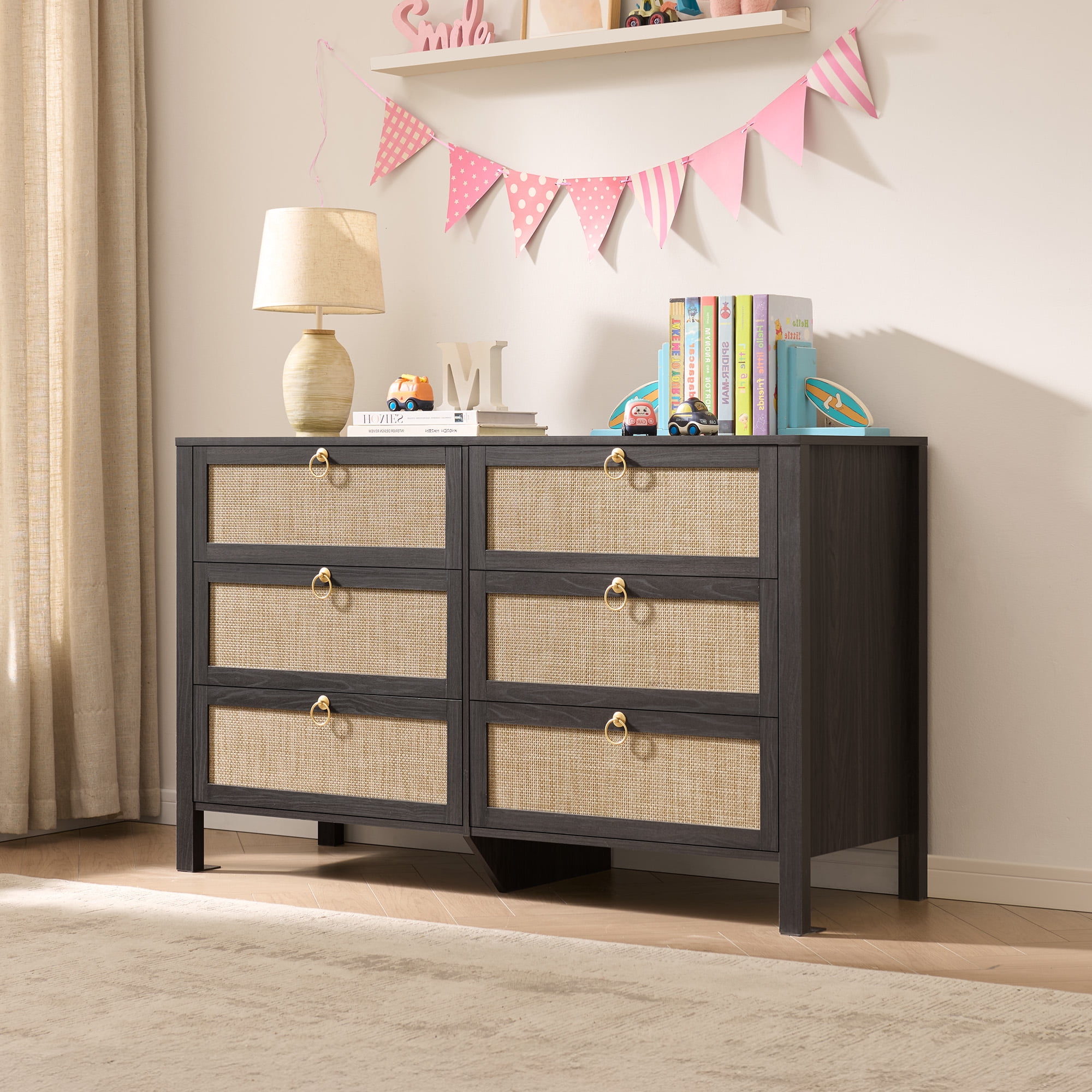 SICOTAS 51.14" Wide 6-Drawer Rattan Dresser, Large Boho Chest of Drawers with gold handle for Bedroom, Coastal Bedroom Furniture Set in Blacklack Oak