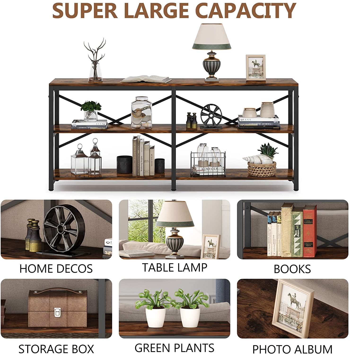TribeSigns 70.9" Console Sofa Table Behind Couch Table, 3-Tier industrial Hallway Entryway Table with Storage Shelves
