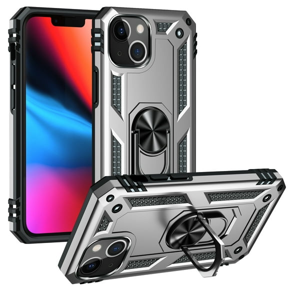 iPhone 12 /12 Pro Case, Ring Holder Kickstand Full Body Shockproof Magnetic Car Mount Hybrid Rugged Protective Phone Cover, Silver