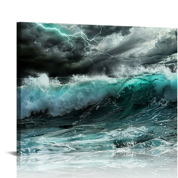 Lingy Ocean Storm Canvas Wall Art Black White Blue Sea Wave Picture Mordern Sea Seascape Print Coastal Nautical Artwork for Living Room Kitchen Bedroom Office & Home Decor Gift