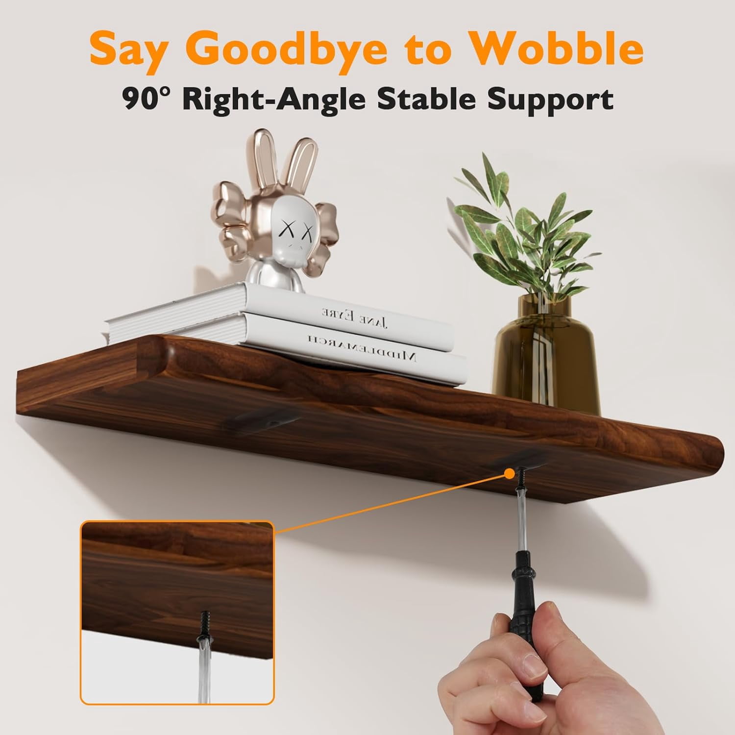 Seasonwood Rustic Farmhouse Floating Wall Shelf, 24 inch Live Edge Solid Pine Shelf for Bathroom Kitchen Bedroom Living Room, Walnut, 2pcs