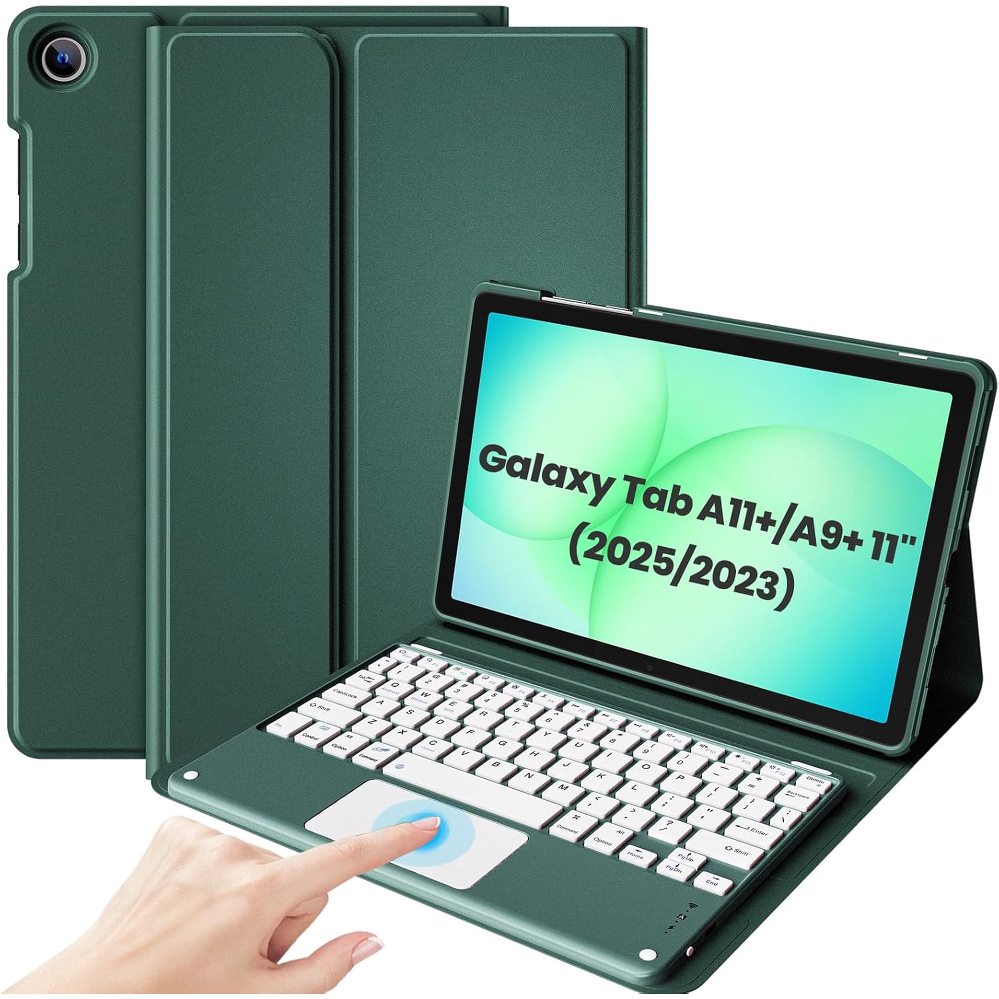 Wireless Detachable Touchpad Keyboard Case for 11" Galaxy Tab A11 Plus (2025) & Tab A9 Plus (2023), Type-C Rechargeable, Multi-Angle Stand Folio Cover for Work, Study & Travel -Mgreen