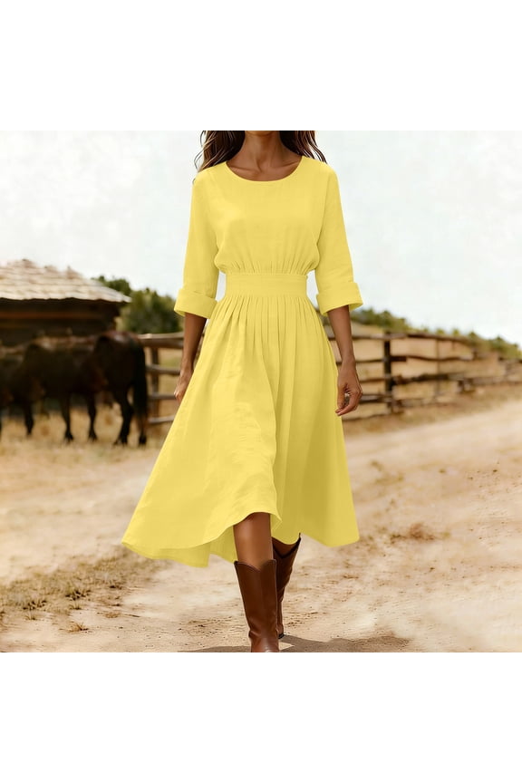 Women Summer Round Neck 3/4 Sleeve Flowy Boho Casual Midi Dresses A-Line Swing Vacation Holiday Beach Party Sundresses, Yellow S