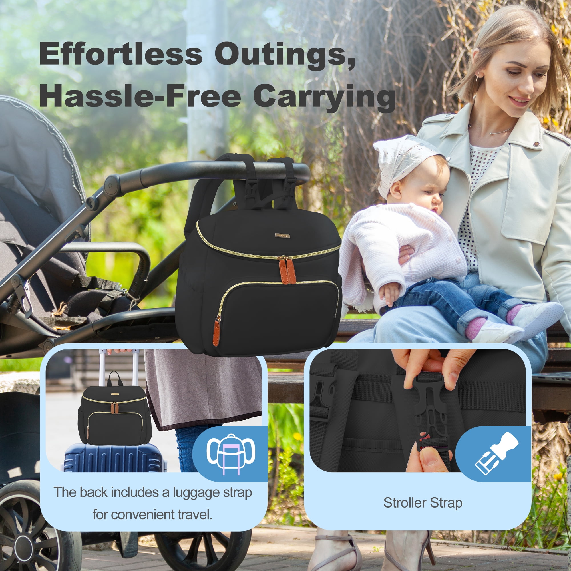 Diaper Bag Backpack, Lightweight Stylish Travel Baby Bag with Portable Changing Pad, Black