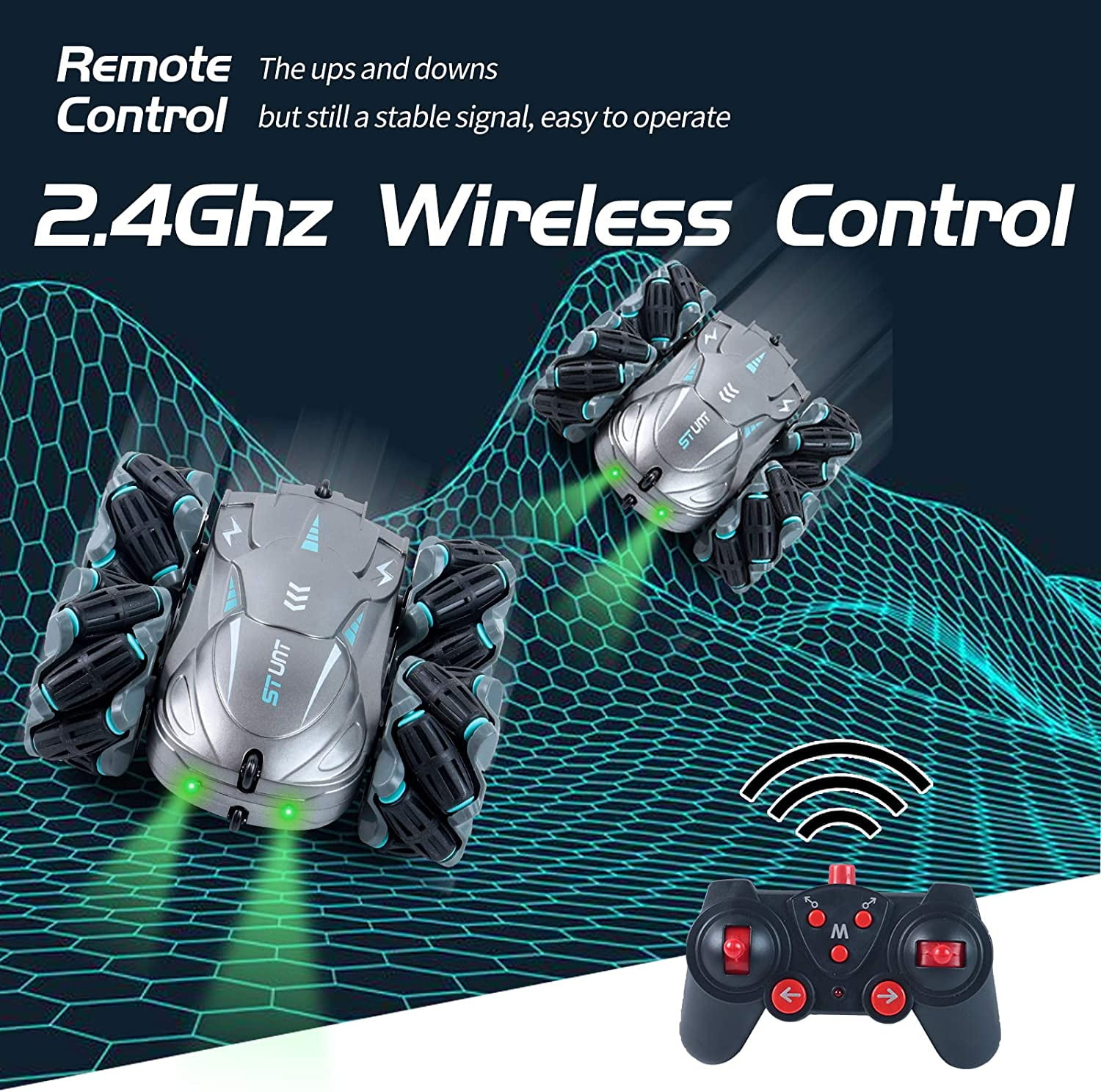 LNKOO Remote Control car Drifting, Drifting, bidirectional Driving Stunt, high-Speed Climbing Off-Road Vehicle, with LED Colorful Lights, with Rechargeable Battery (Silver)