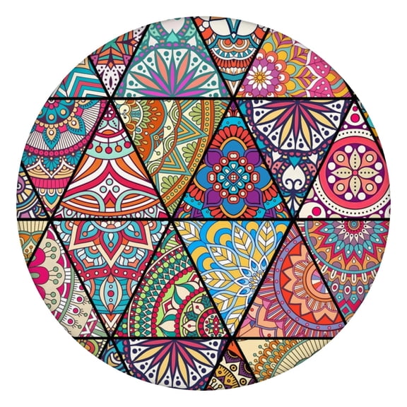 Waterproof Bohemian Elastic Tablecloth Round, Mandala Print, Wipeable and Reusable Table Cover for Outdoor, Dinner, Kitchen