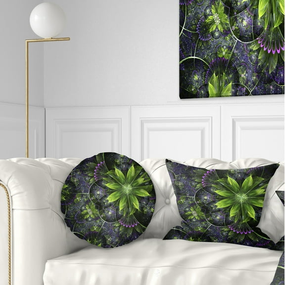 Designart Glossy Green Purple Fractal Flowers - Floral Throw Pillow - 12x20