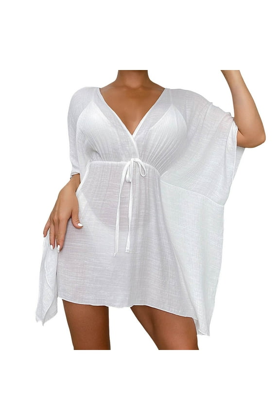 Women'S Swimwear Cover Ups Solid Color Short Sleeve WomenS Bathing Suit Cover Up For Beach Pool Swimwear Contrast Blouse Gradient Beach Crochet Dress One Size White