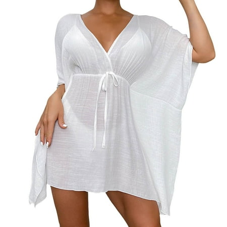 Zhden Beach Cover Ups for Women Sheer Bathing Suit Cover Ups Long Sleeve Sheer Beachwear Swimsuit for BikiniWhite One Size