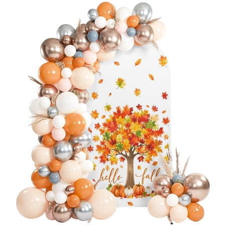 Hello Fall Arch Backdrop Cover 6.6Ft, Wedding Arch Covers Stretchy Backdrop, Thanksgiving Tree Maple Leaf Autumn Pumpkin Fitted 2 Sided Arched Photo Background for Birthday Party Decorations