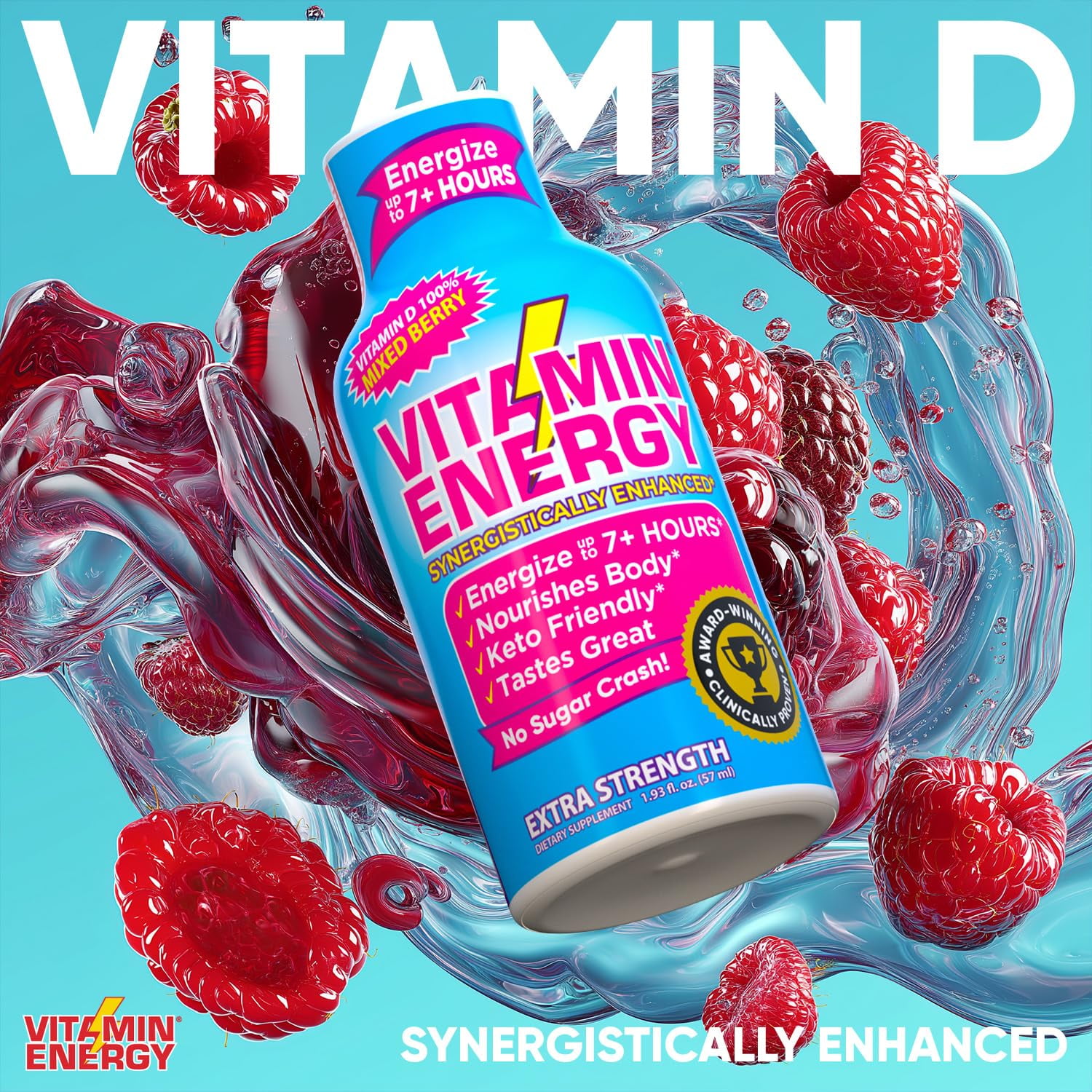 Vitamin Energy Vitamin D Extra Strength Shot, Mixed Berry, 12 Pack – 260mg Natural Caffeine, B-Complex & Vitamin D, Zero Sugar, 1.93 fl oz