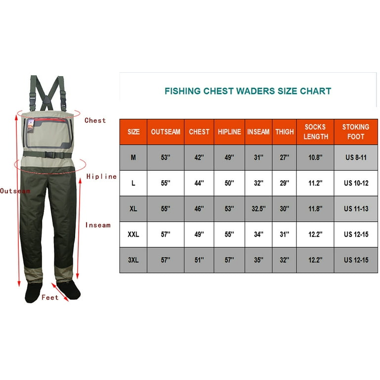 Kylebooker Fly Fishing Chest Waders Breathable Waterproof Stocking Foot River Wader Pants for Men and Women, Men's, Size: XL, Stainless