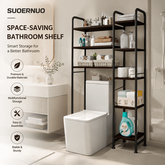 SUOERNUO Over The Toilet Storage Shelf, Freestanding Bathroom Organizer, Multifunctional Metal Space Saver Rack, Waterproof Home Bathroom Decor