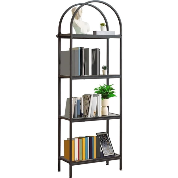 Modern Arched Wood & Metal Bookshelf, 4/5-Tier Tall Freestanding Open Display Rack, Multifunctional Storage Bookcase for Living Room Bedroom Home Office