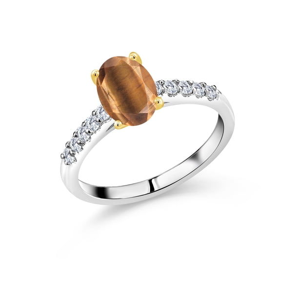 Gem Stone King 1.70 Ct Brown Tiger Eye E-F Lab Grown Diamond 925 Silver and 10K Yellow Gold Ring (Size 8)