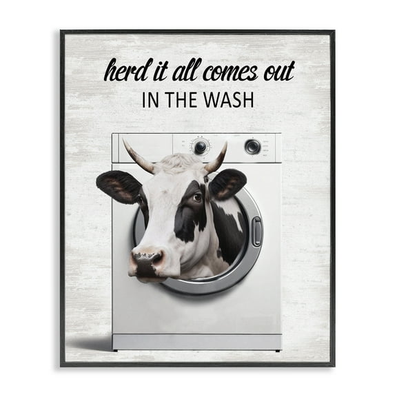 Stupell Industries Cow & Washing Machine Quotes and Sayings Painting Black Framed Art Print Wall Art, 11 x 14