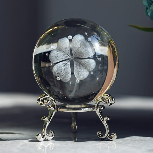 Bola de cristal de trébol de cuatro hojas de 2,4 pulgadas (60 mm) con soporte de flores plateado, bola de cristal Fengshui para decoración del hogar