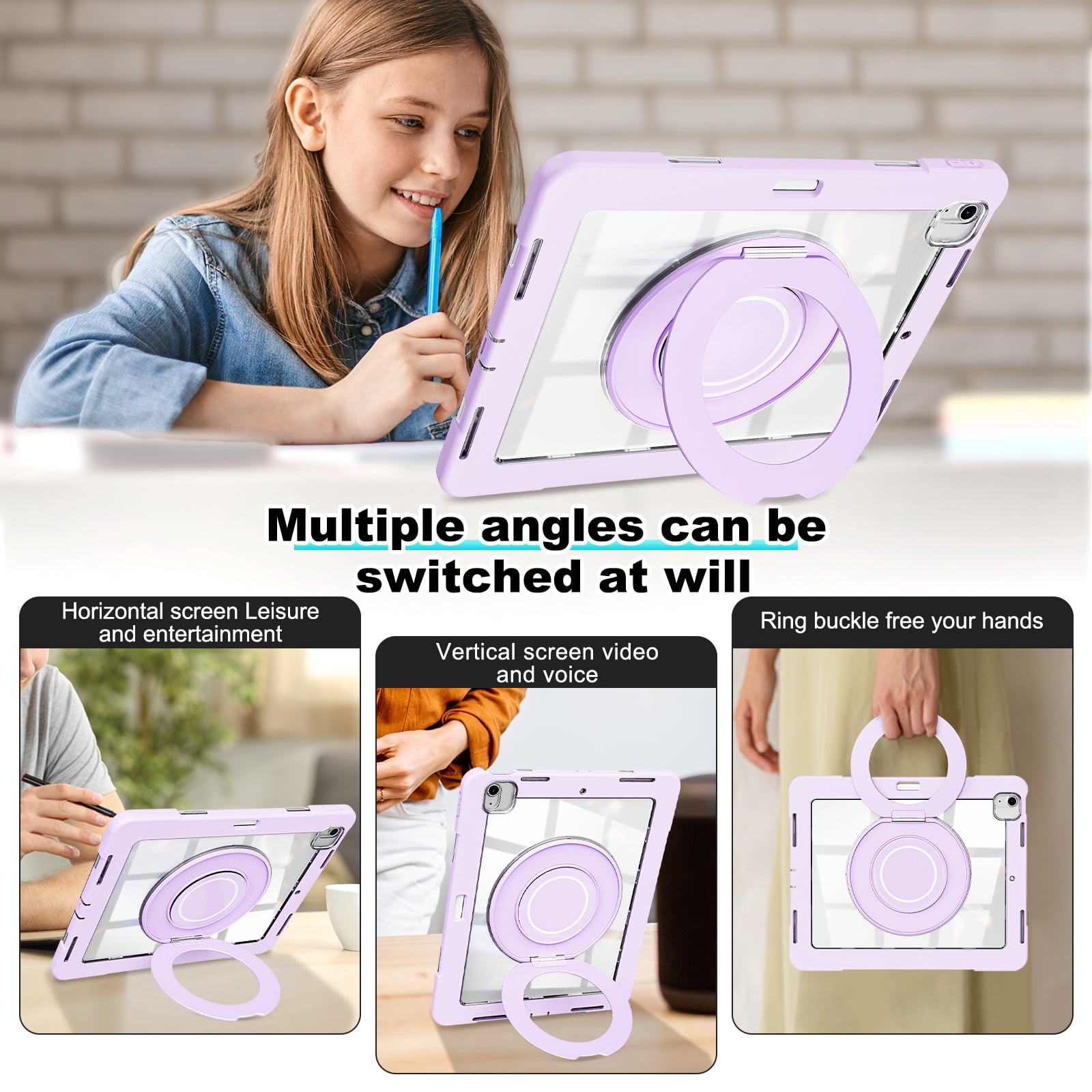 XYX Shockproof Tablet Case for iPad Air 13 inch M3 2025/iPad Air 13 inch M2 2024 with 360 Rotating Stand, Slim Lightweight with Pencil Holder, Purple