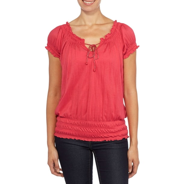 Allison Brittney Women's Crinkle Jersey Short Sleeve Peasant Top