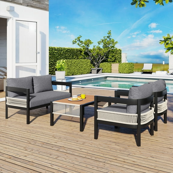 YIORTWO 4-Piece Outdoor Seating Set, All-Weather Patio Furniture with Table & PE Wicker, for Garden, Lawn, Poolside, Gray