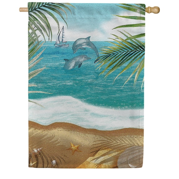 America Forever Tropical Dolphin Beach House Flag 28 x 40 inches Double Sided Coastal Blue Ocean Sea Nautical Palm Tree Yard Outdoor Decorative Diving Dolphins Flag