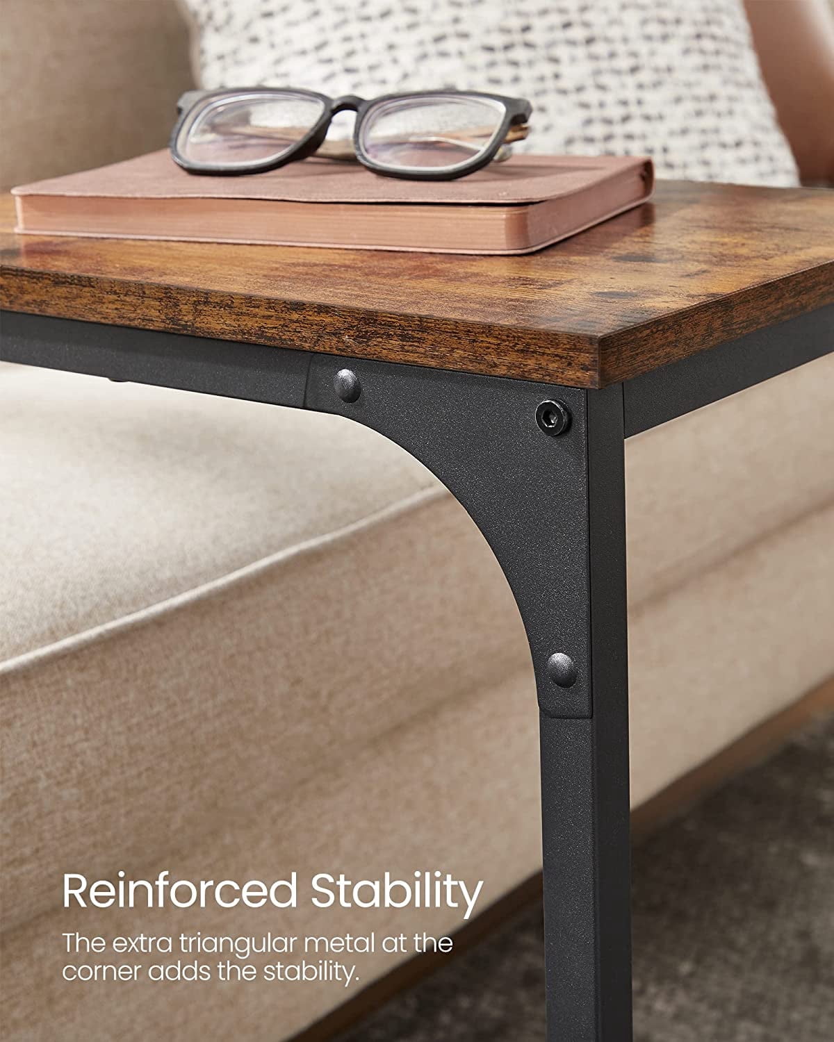 VASAGLE C-Shaped End Table, Small Side Table for Couch, Sofa Table with Metal Frame for Living Room, Bedroom, Bedside, Rustic Brown and Black
