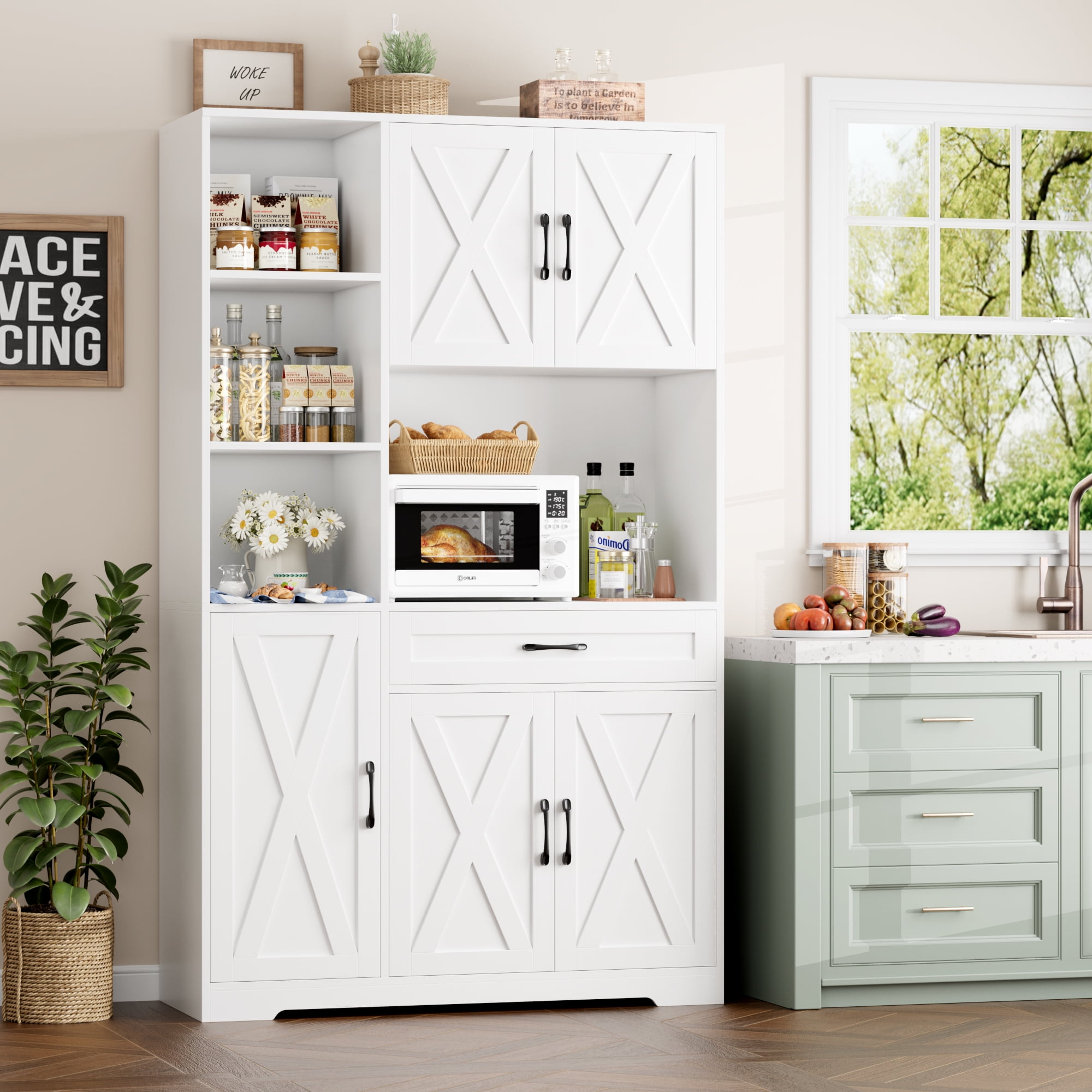 Hiphuta 71"Farmhouse Kitchen Pantry Storage Cabinet, Freestanding Hutch Cabinet with Microwave Stand, Sturdy Pantry Cabinet for Dining Room, White
