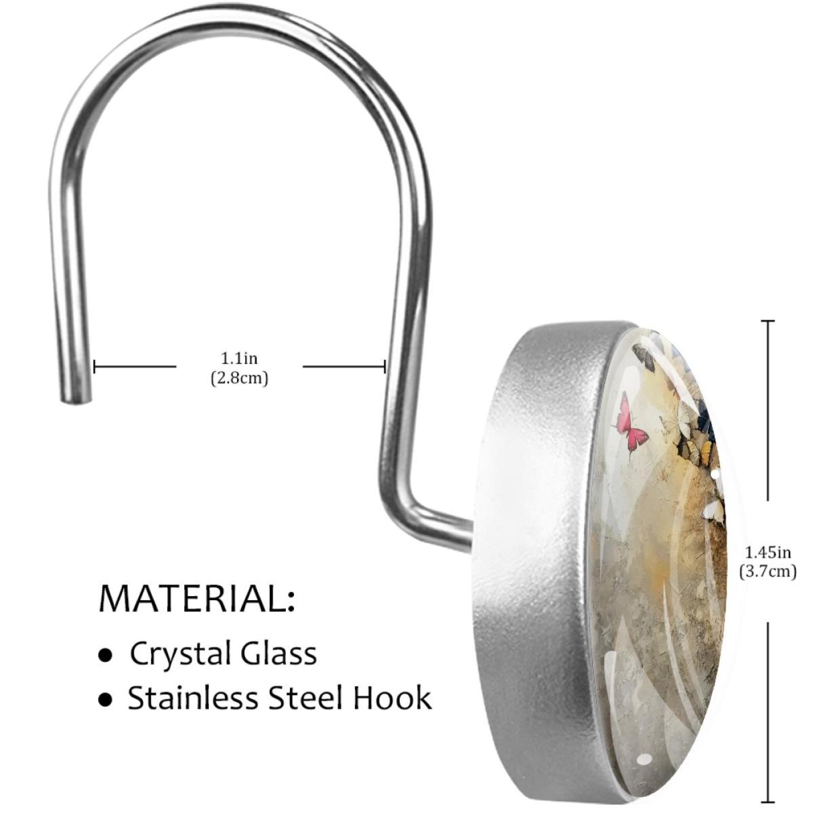 Butterfly on White Dark Shower Curtain Hooks Round Crystal Glass, Set of 12 Shower Curtain Rings - Shower Hooks for Curtain Shower Rings