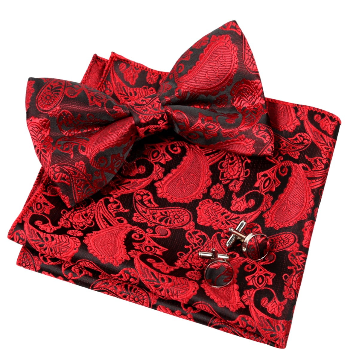 Red Men's Formal Paisley Pattern Satin Bowtie 3" Tie & Pocket Handkerchief Set 