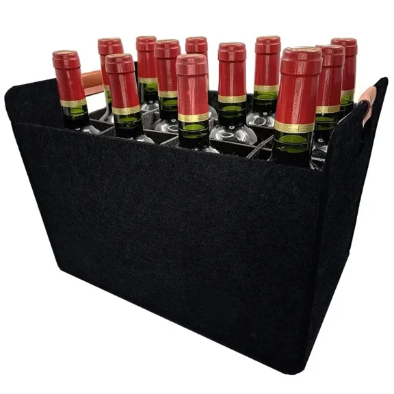 12 Bottle Wine Carrier Box - Foldable Felt Tote For Travel And Storage