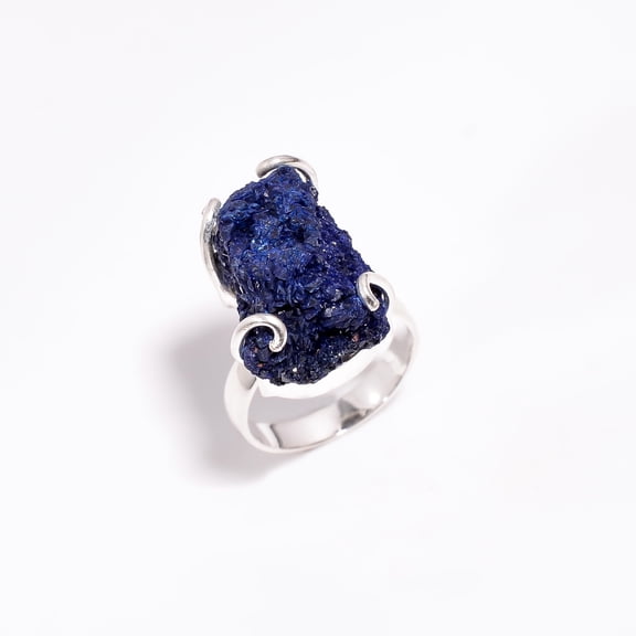 SATYAVIE JEWELLERY Natural Azurite Raw Ring Size US 7, Handmade 925 Sterling Silver Ring, Blue Azurite Ring