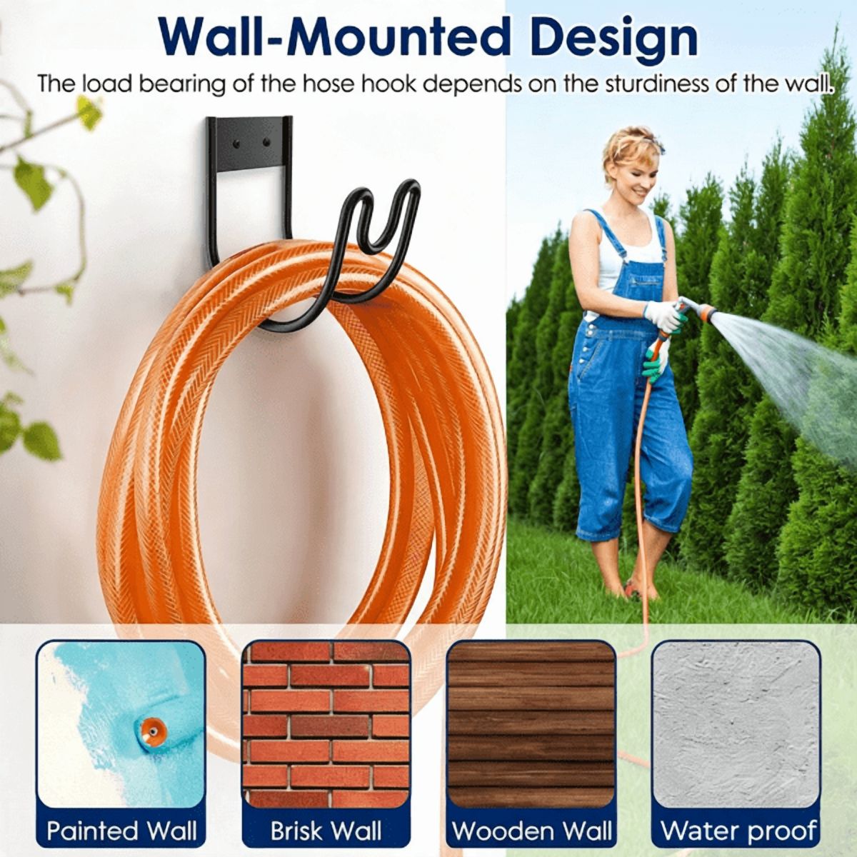 2PCS Wall Mount Garden Hose Holder, 304 Stainless Steel Hose Hanger with U‑Shaped Nozzle Slot, Holds Up to 150ft 1/2‑Inch Hose for Yard, Patio & Outdoor Organization