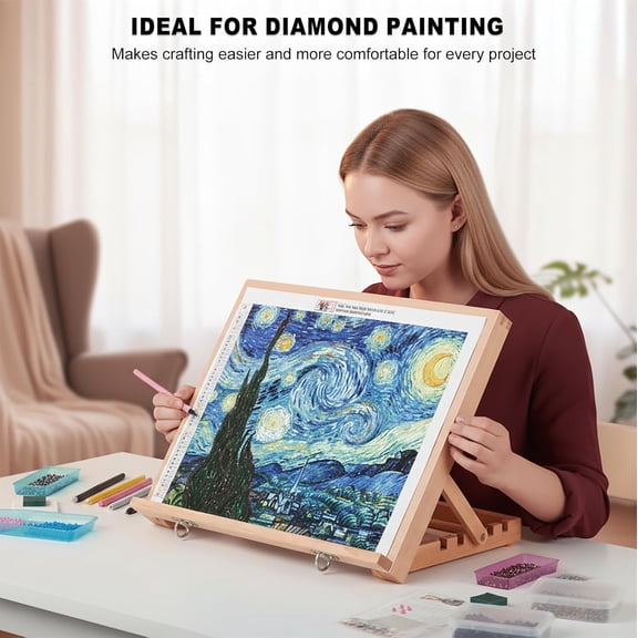 16.5"×12" Adjustable Beechwood Tabletop Easel - Portable with Detachable Strap, Includes Papers & Tape, Ideal for Diamond Art