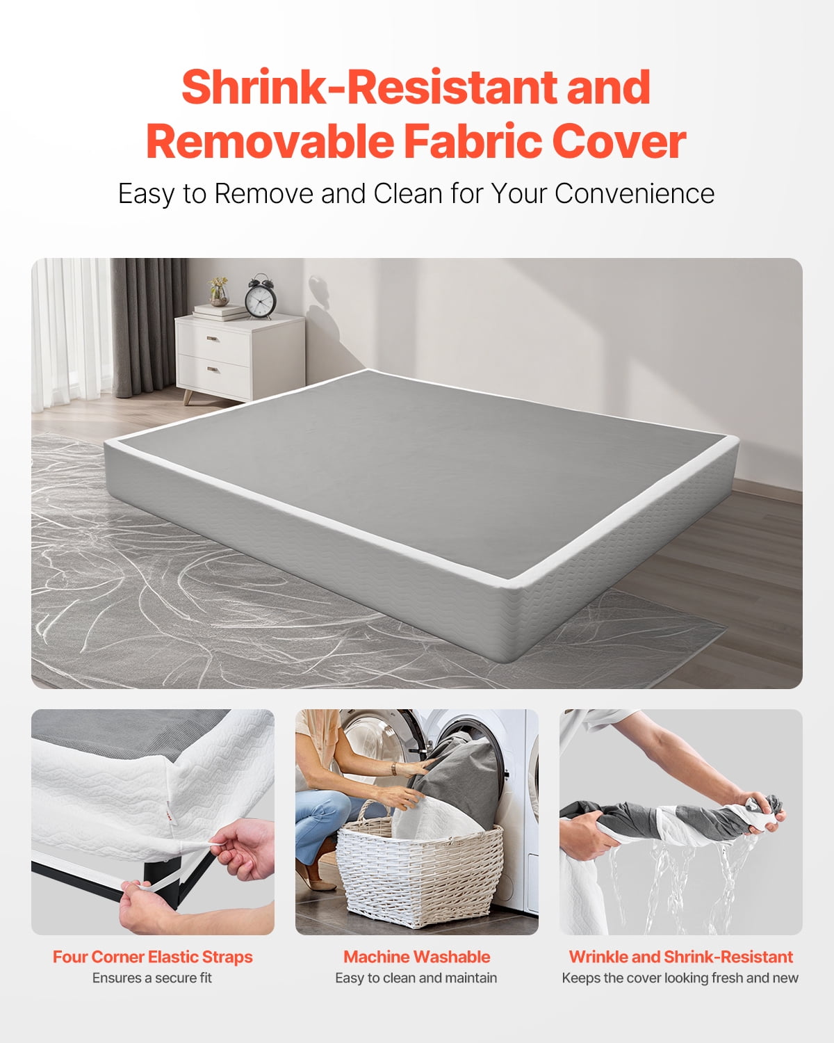 VEVOR Box Spring, King Size Bed Frame with Washable Fabric Cloth, Heavy Duty Metal Frame for King Bed, 9 in Mattress Foundation, 3500 lbs Max Weight Capacity, Easy Assembly