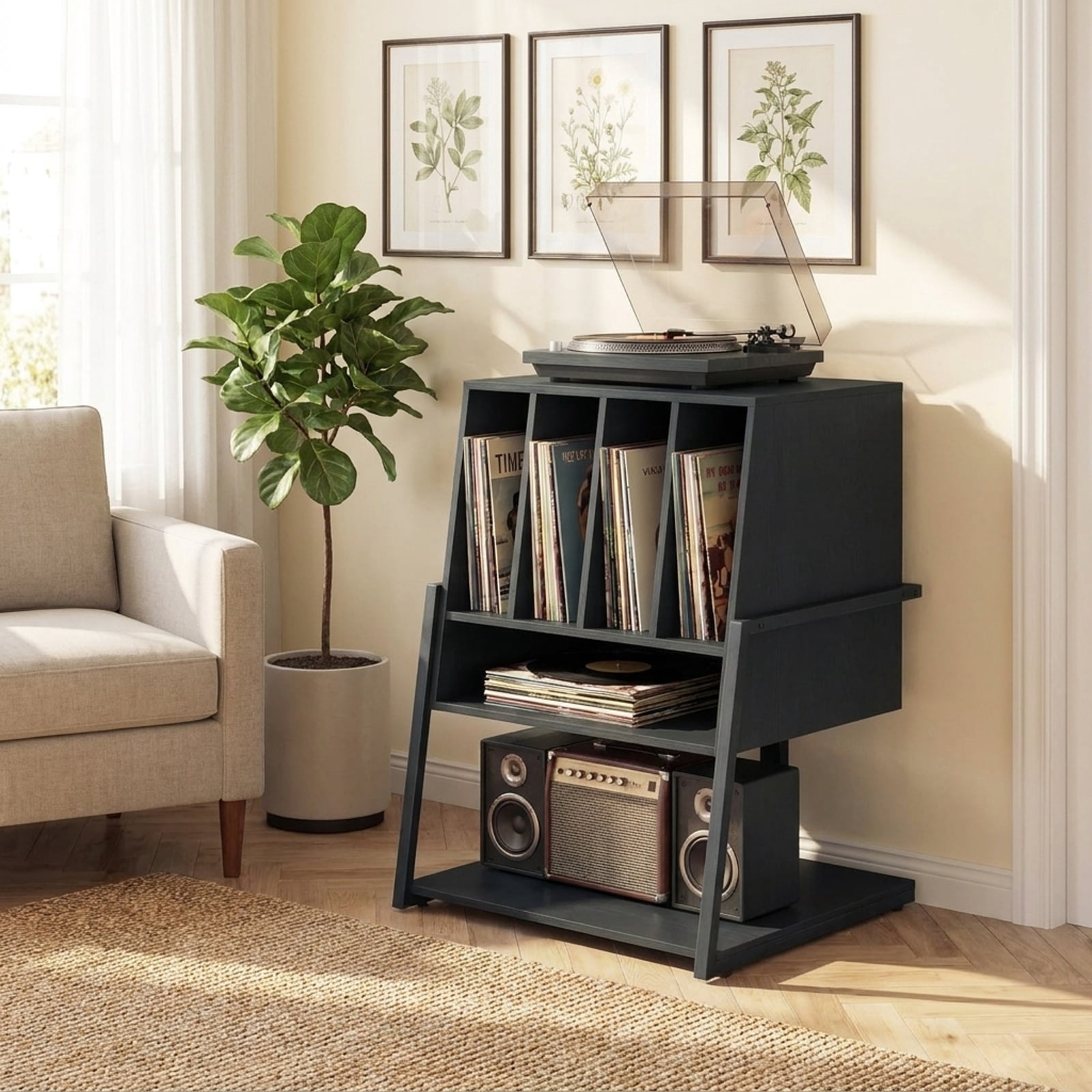 Furnibear Record Player Stand on Wheels Rolling Turntable Stand with Power Outlets USB Type-C Ports and Record Storage, Black