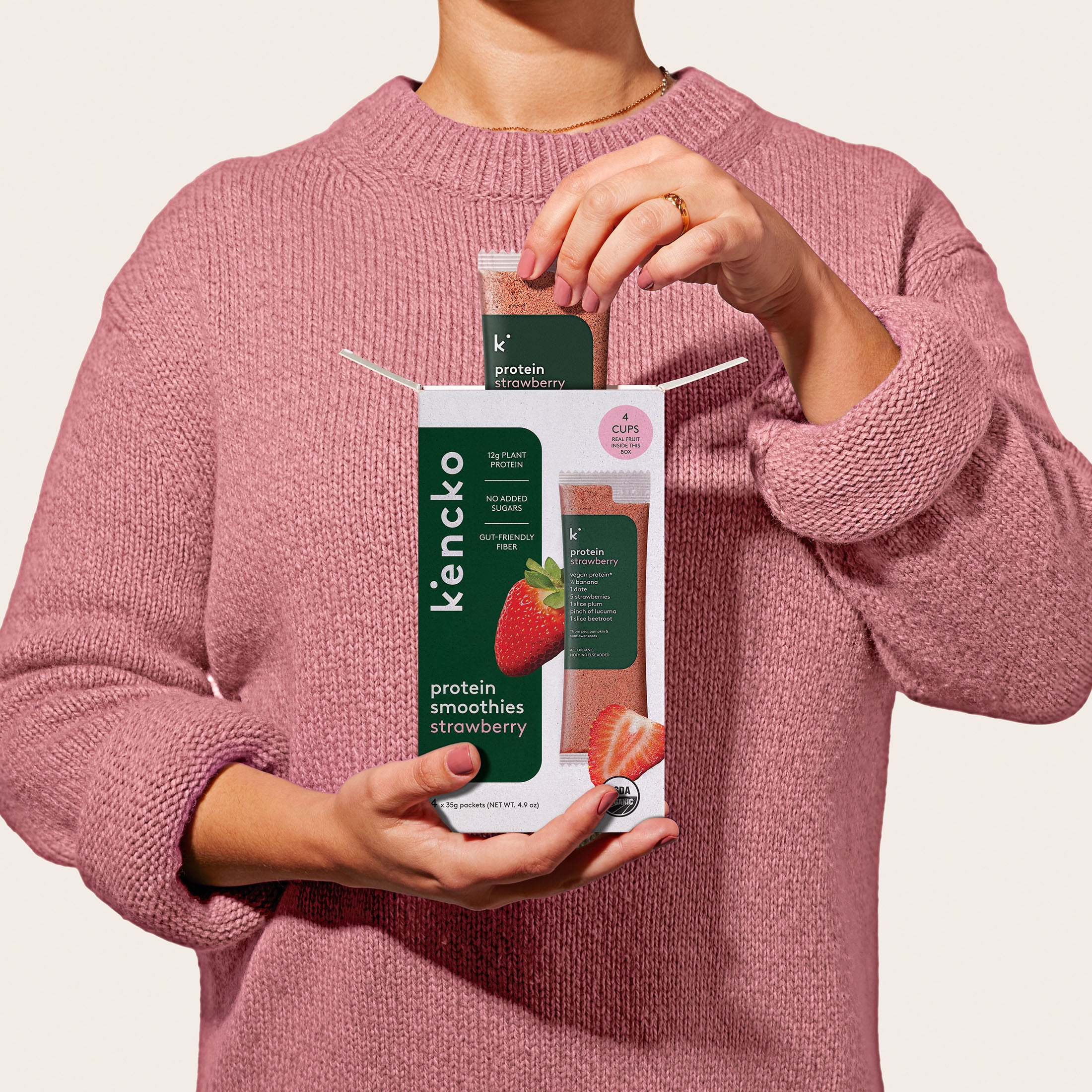 Kencko Strawberry Organic Instant Fruit & Veggie Protein Smoothies, Powdered Drink Mix, 1.23 oz, 4 Pack